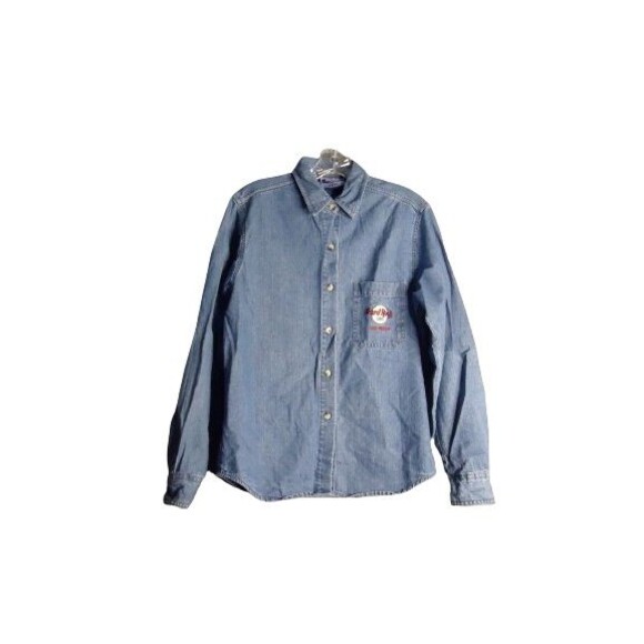 Hard Rock Cafe Embroidered Decals Long Sleeve Button Denim Shirt Womens Medium - Picture 1 of 10